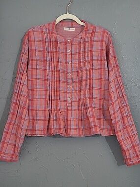 NATURAL LIFE Pink Purple Plaid Peplum Long Sleeve Size XL